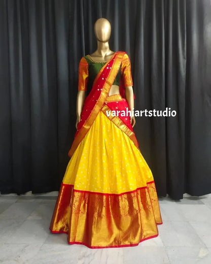 Beautiful Kanjiveram Silk Pure Zari HALF Saree with Blouse Along With Dupptta