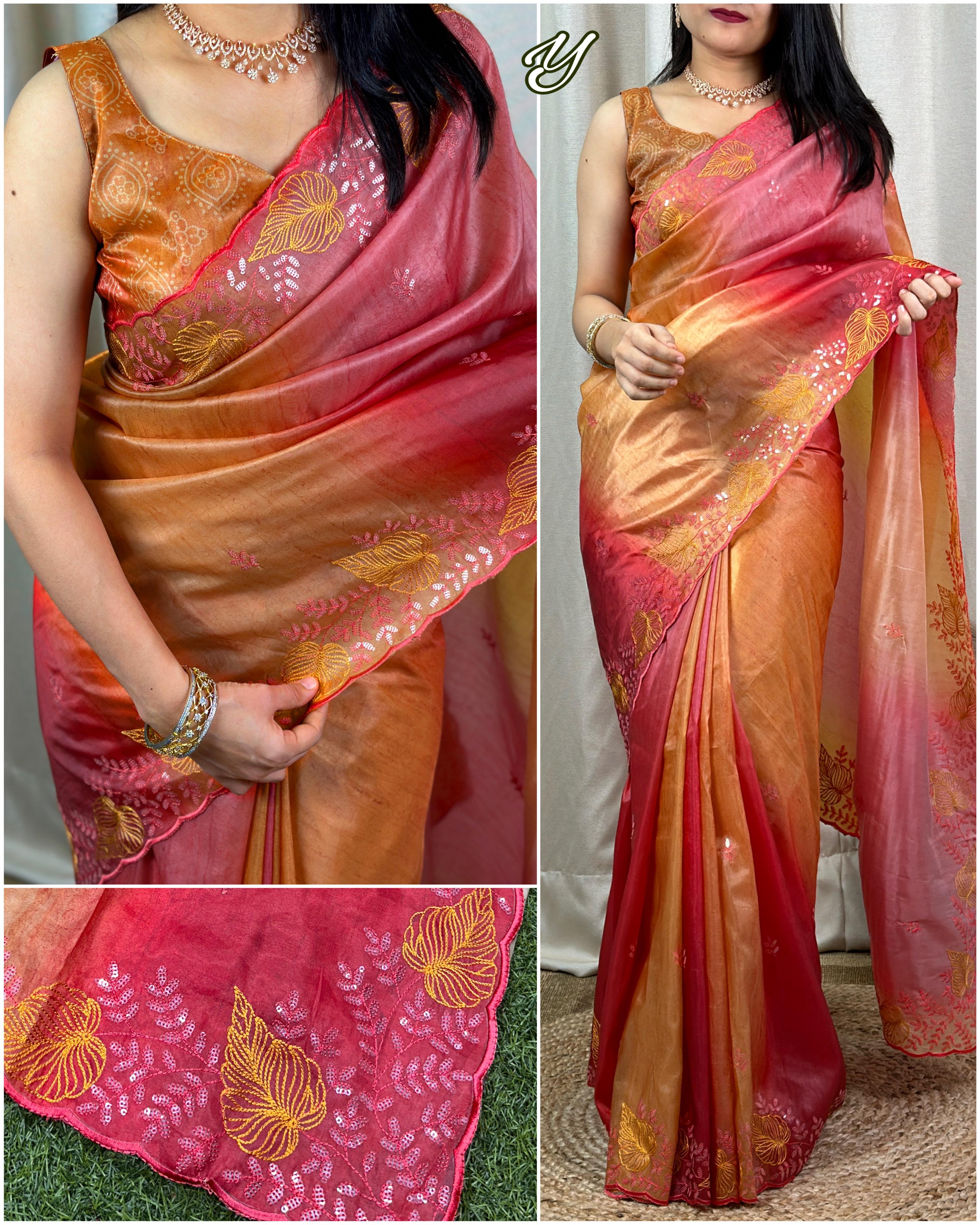 Beautiful Designer Glass Satin Shaded Printed Saree