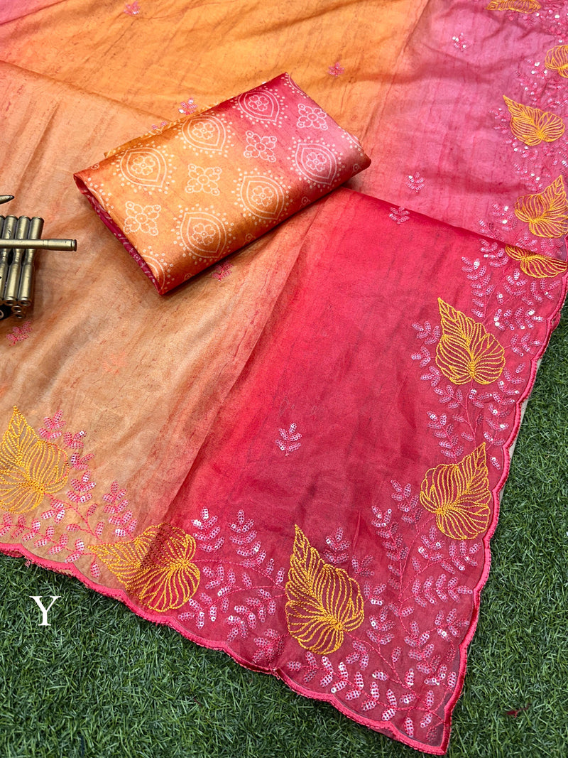 Beautiful Designer Glass Satin Shaded Printed Saree