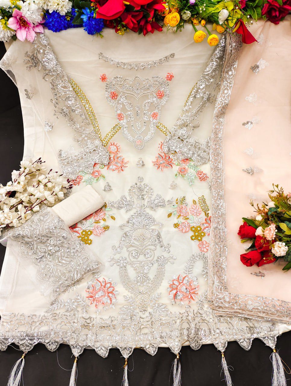 Beautiful Designer Butterfly Net With Sequence Embroidery Pakistani Suit Design Kf-149