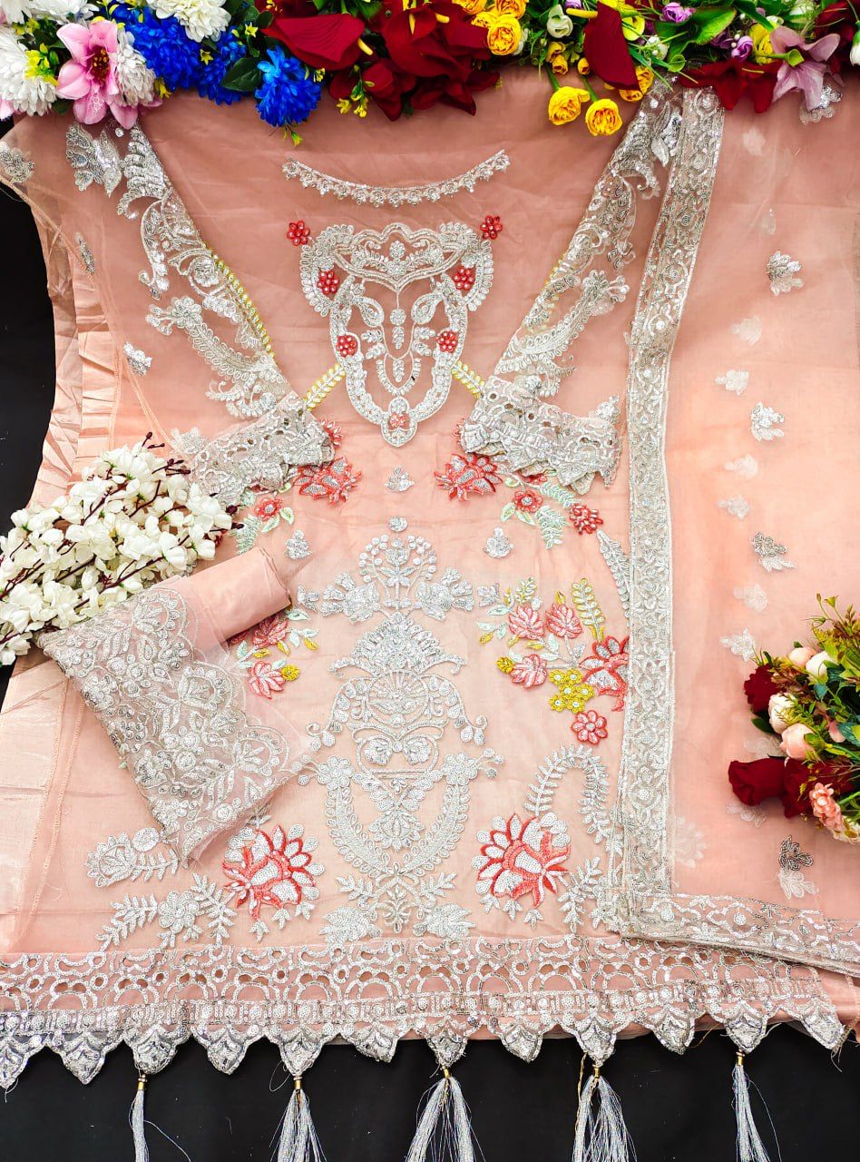 Beautiful Designer Butterfly Net With Sequence Embroidery Pakistani Suit Design Kf-149