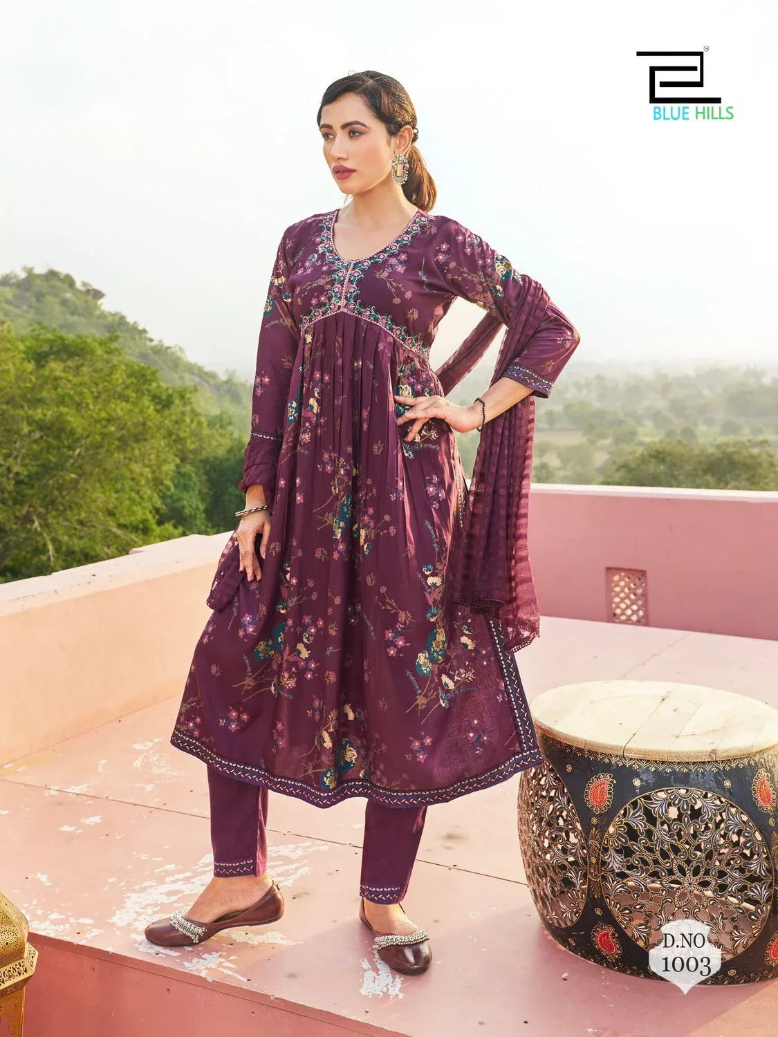 Libaas 14 kg Rayon Foil Print Alia Cut Embroidered Kurti Pant Dupatta Set (1049x08)