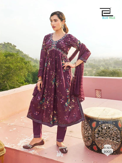 Libaas 14 kg Rayon Foil Print Alia Cut Embroidered Kurti Pant Dupatta Set (1049x08)