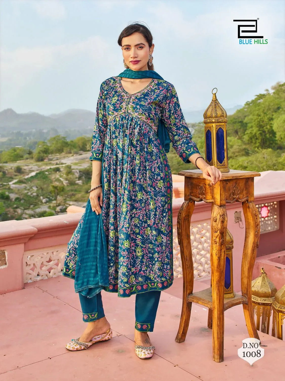 Libaas 14 kg Rayon Foil Print Alia Cut Embroidered Kurti Pant Dupatta Set (1049x08)