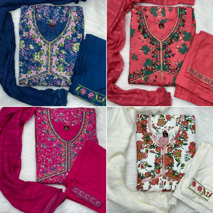 Libaas 14 kg Rayon Foil Print Alia Cut Embroidered Kurti Pant Dupatta Set (1049x08)