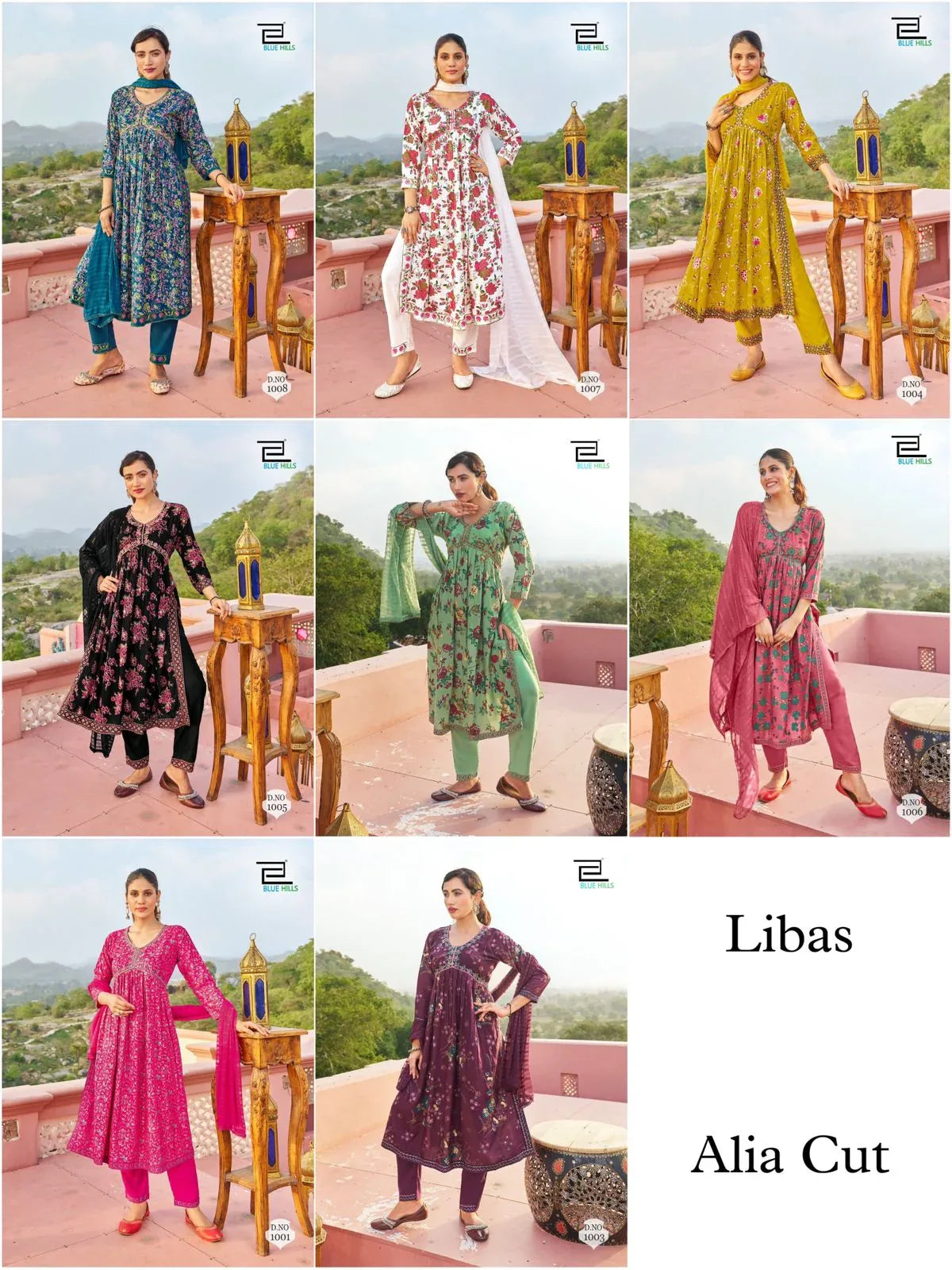 Libaas 14 kg Rayon Foil Print Alia Cut Embroidered Kurti Pant Dupatta Set (1049x08)