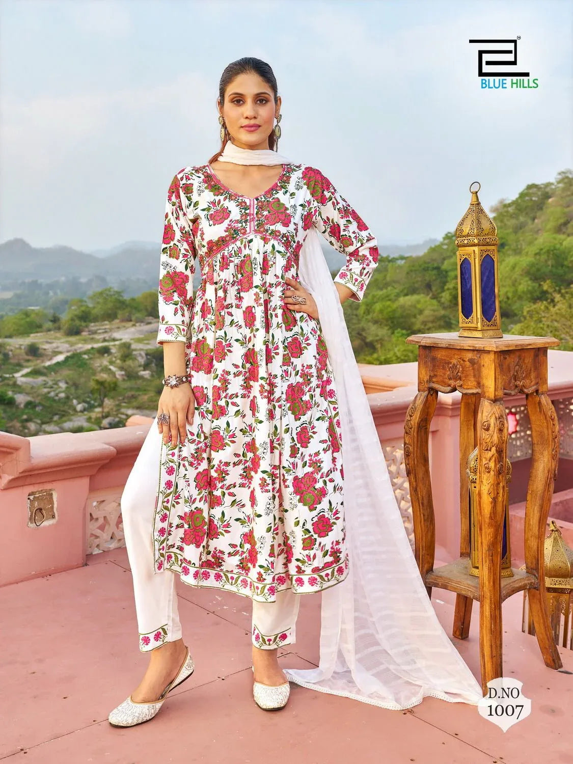 Libaas 14 kg Rayon Foil Print Alia Cut Embroidered Kurti Pant Dupatta Set (1049x08)