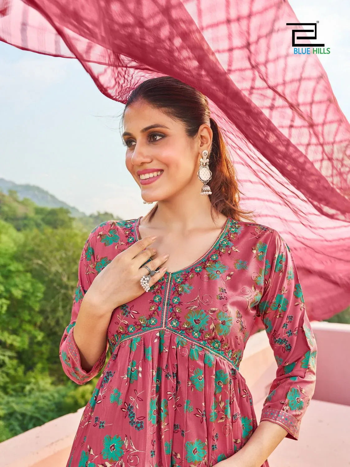 Libaas 14 kg Rayon Foil Print Alia Cut Embroidered Kurti Pant Dupatta Set (1049x08)