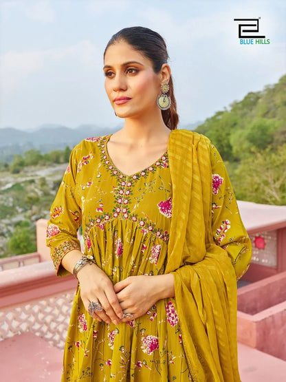 Libaas 14 kg Rayon Foil Print Alia Cut Embroidered Kurti Pant Dupatta Set (1049x08)
