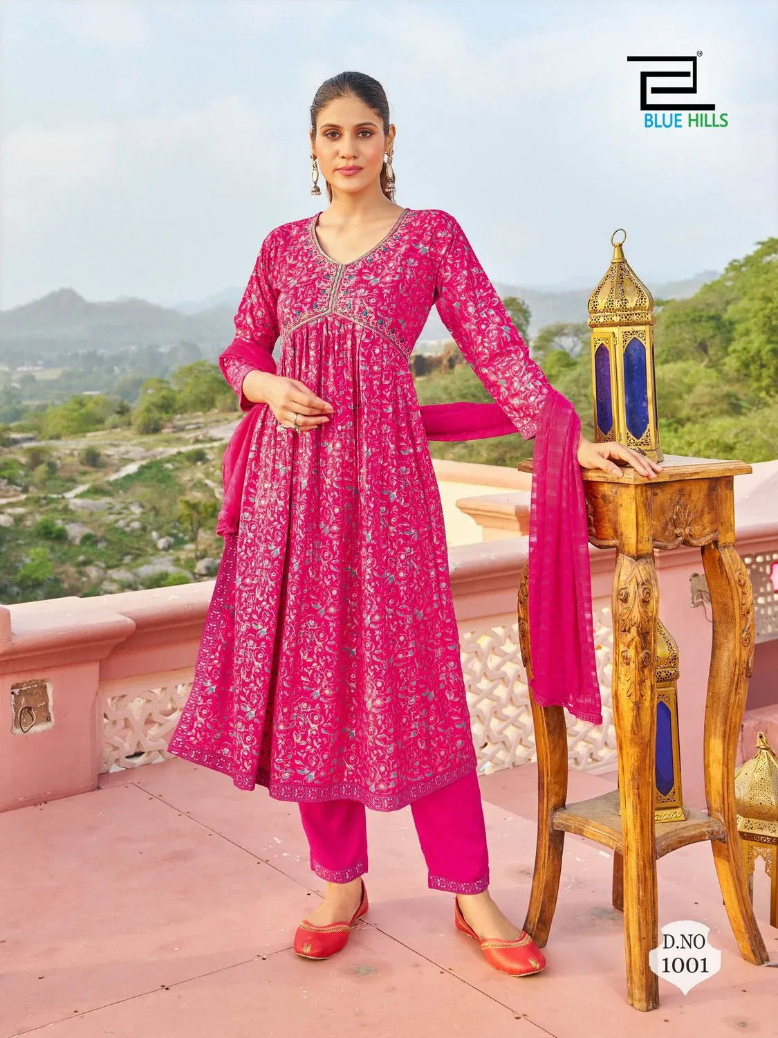 Libaas 14 kg Rayon Foil Print Alia Cut Embroidered Kurti Pant Dupatta Set (1049x08)
