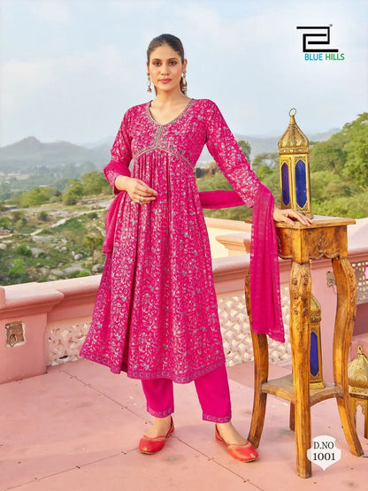 Libaas 14 kg Rayon Foil Print Alia Cut Embroidered Kurti Pant Dupatta Set (1049x08)