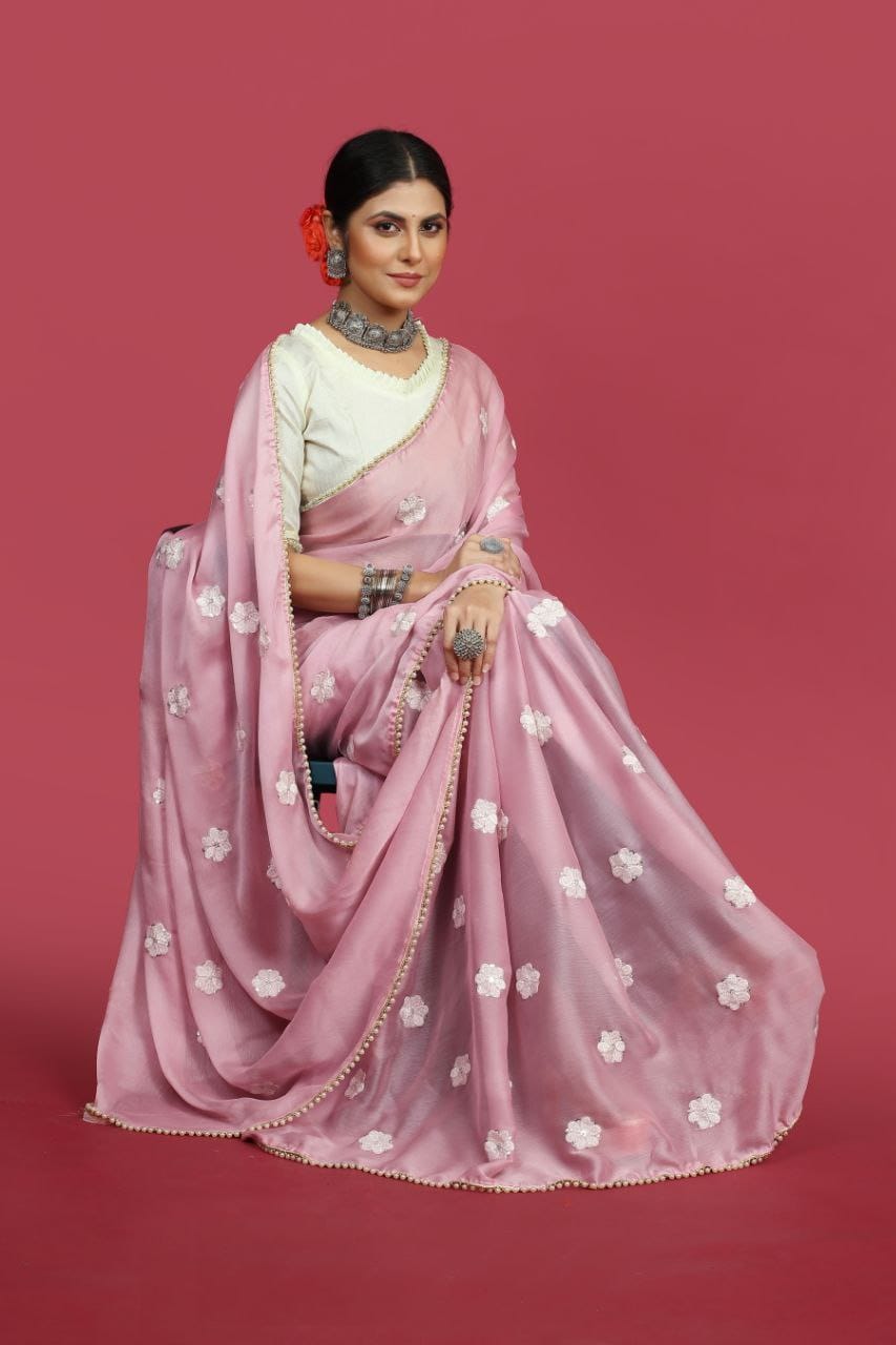 Beautiful Designer Heavy Soft moss Chiffon Sequines Saree