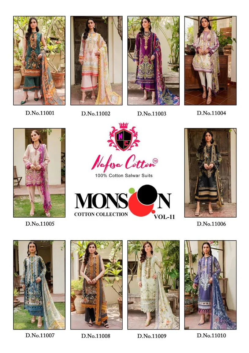 Nafisa Monsoon Vol-11 Series 11001-11006 Pure Cotton Printed Suit (350x10)