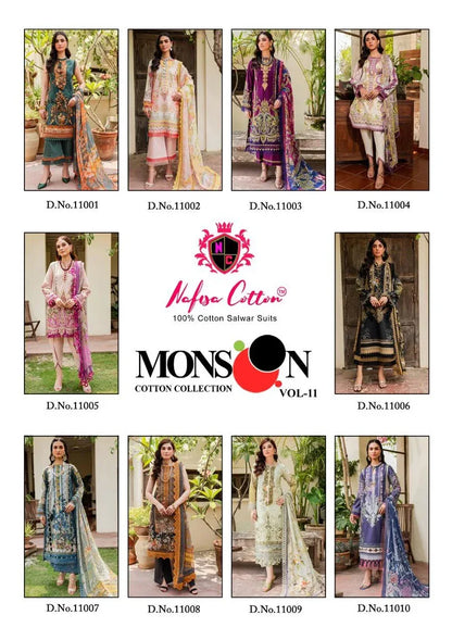 Nafisa Monsoon Vol-11 Series 11001-11006 Pure Cotton Printed Suit (350x10)
