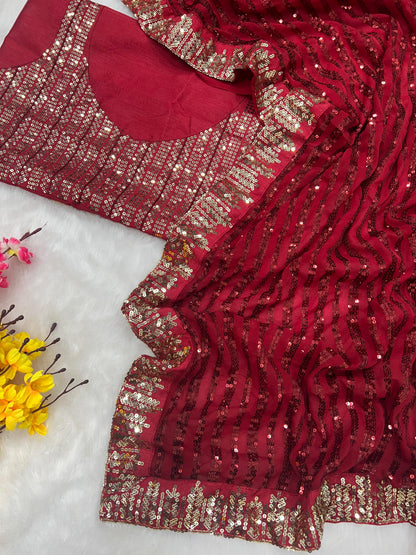 Beautiful Designer Sequence Embroidery Work Saree