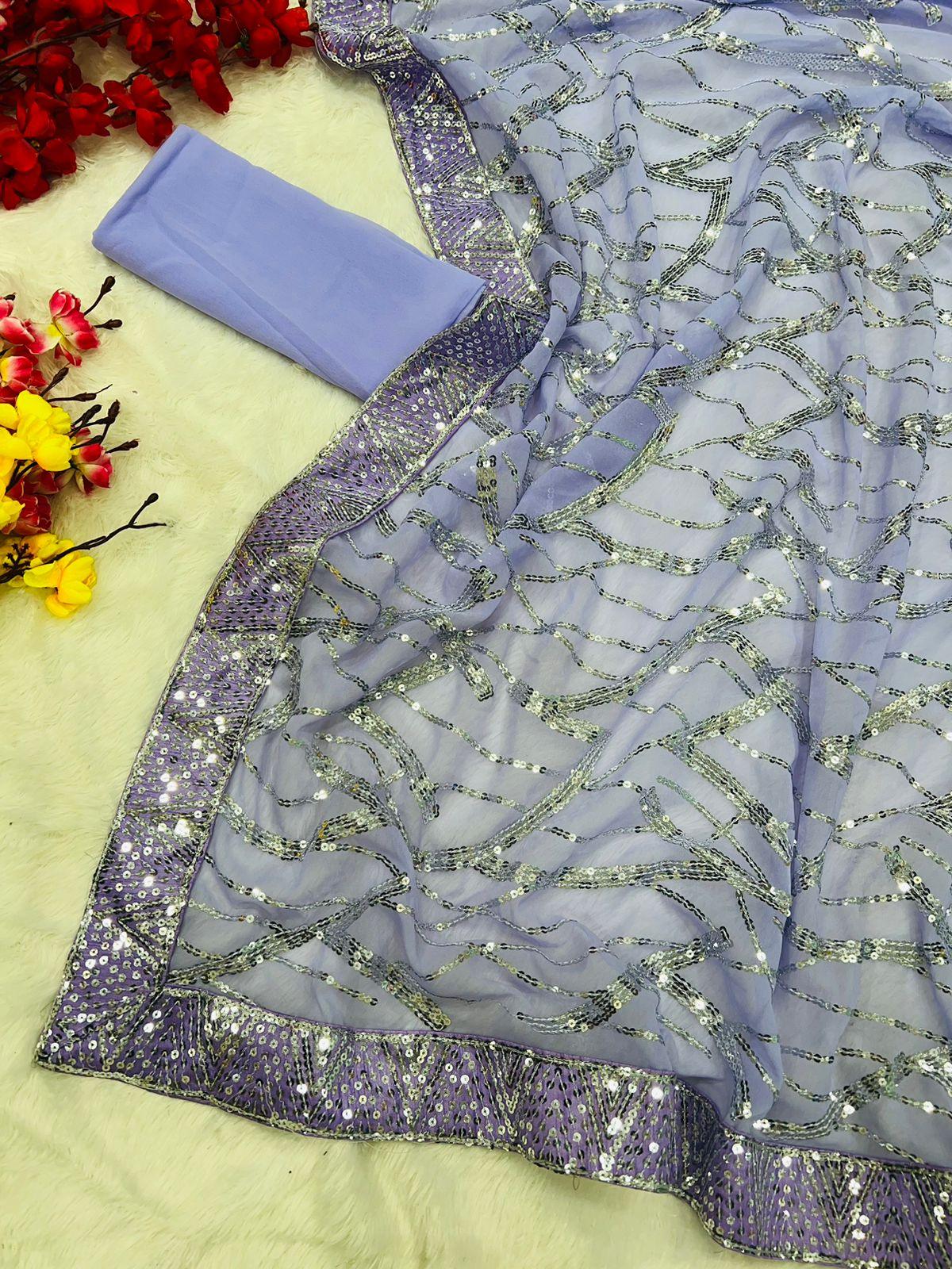Beautiful Designer Aqua Heavy Georgette Sequanc Saree