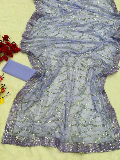 Beautiful Designer Aqua Heavy Georgette Sequanc Saree