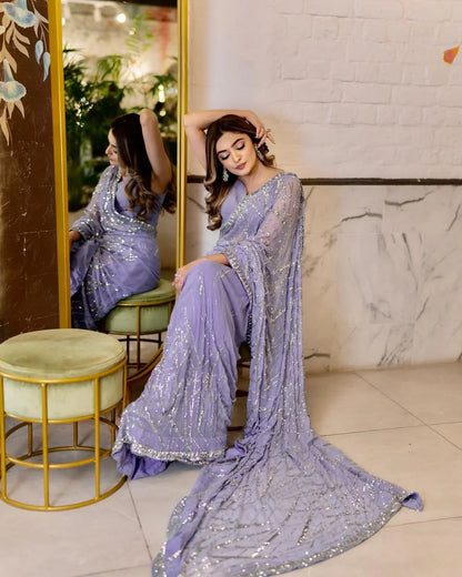 Beautiful Designer Aqua Heavy Georgette Sequanc Saree