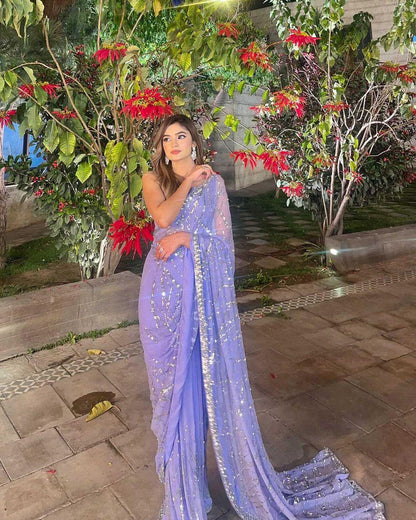 Beautiful Designer Aqua Heavy Georgette Sequanc Saree