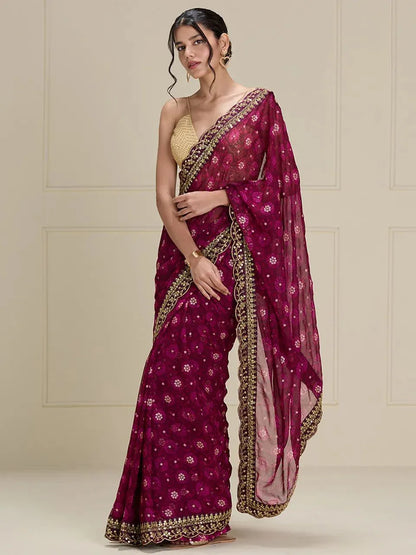 Beautiful Designer Georgette Chiffon with flower Print with Foil work Saree