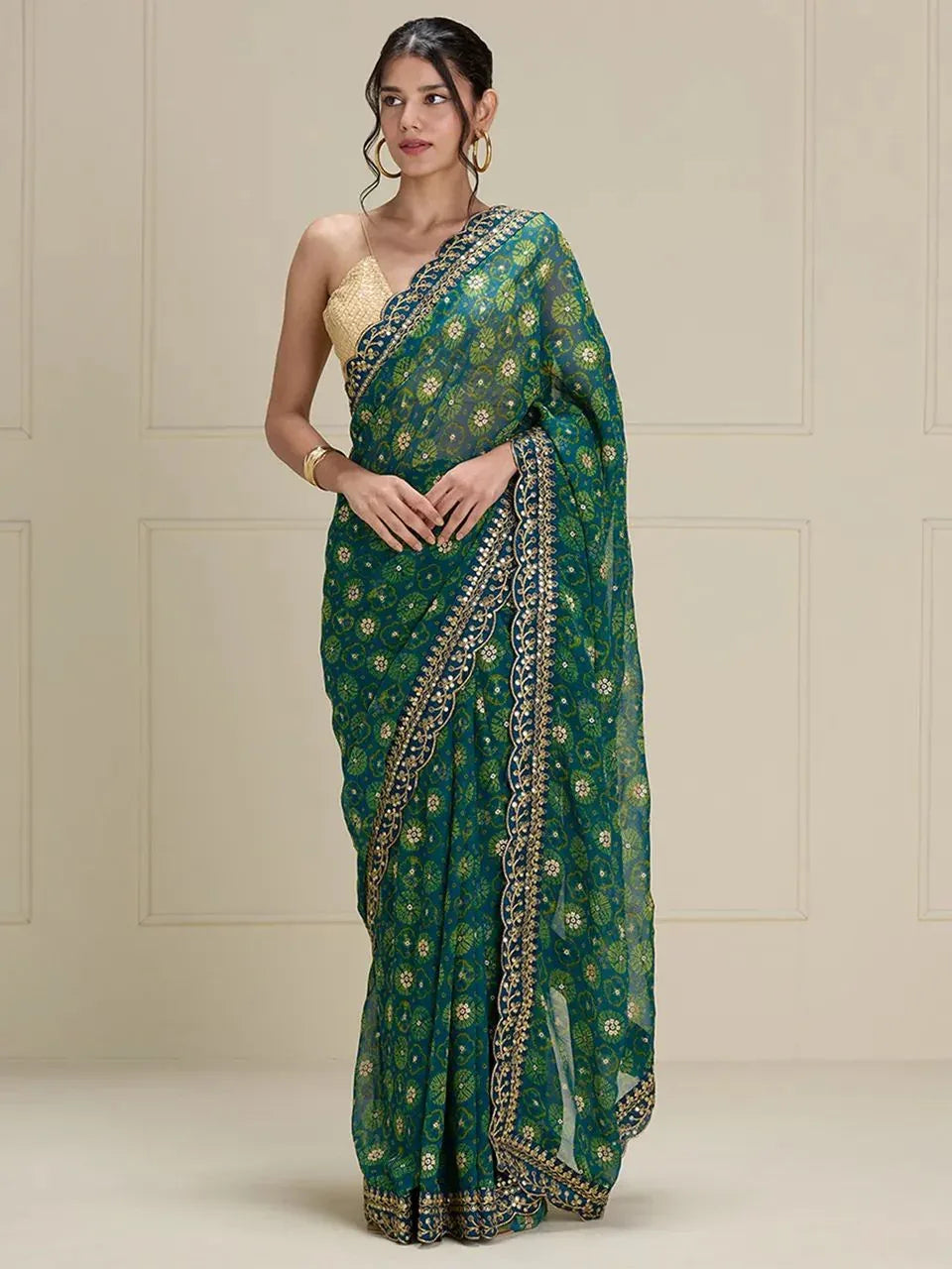 Beautiful Designer Georgette Chiffon with flower Print with Foil work Saree