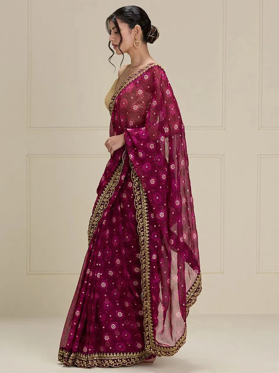 Beautiful Designer Georgette Chiffon with flower Print with Foil work Saree