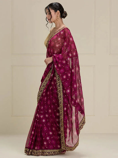 Beautiful Designer Georgette Chiffon with flower Print with Foil work Saree