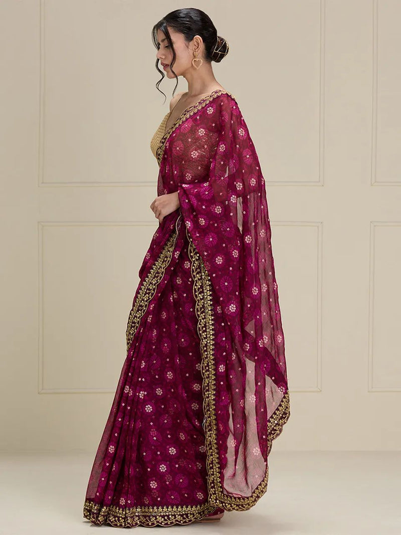 Beautiful Designer Georgette Chiffon with flower Print with Foil work Saree