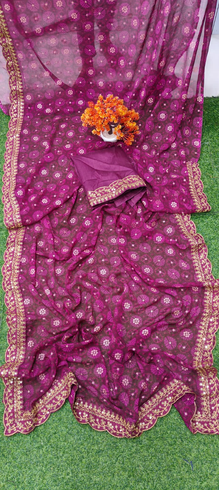 Beautiful Designer Georgette Chiffon with flower Print with Foil work Saree