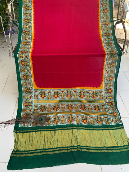 Beautiful Designer Bandhej
Gajji Silk Ajrakh Pallu Lagdi Pata Sarees