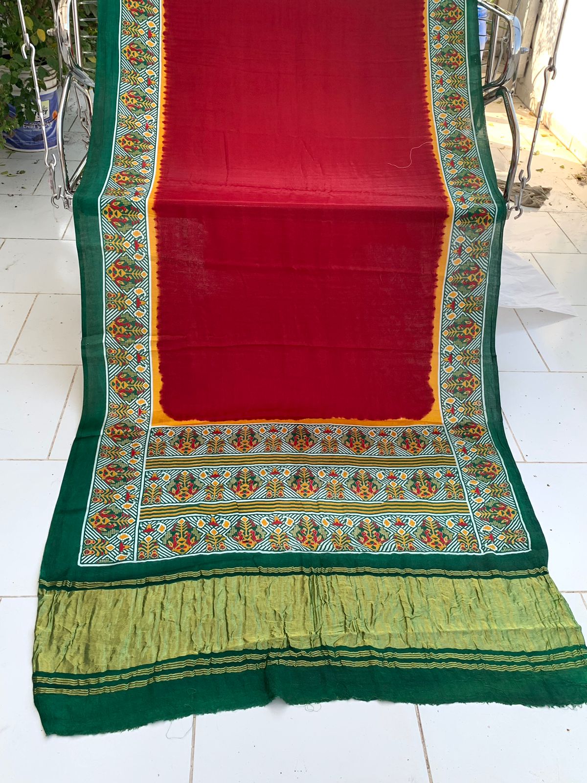 Beautiful Designer Bandhej
Gajji Silk Ajrakh Pallu Lagdi Pata Sarees