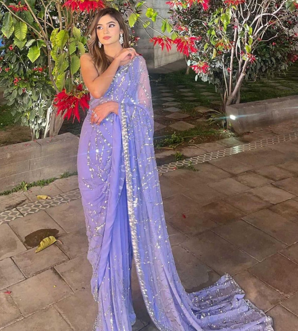 Beautiful Designer Aqua Heavy Georgette Sequanc Saree