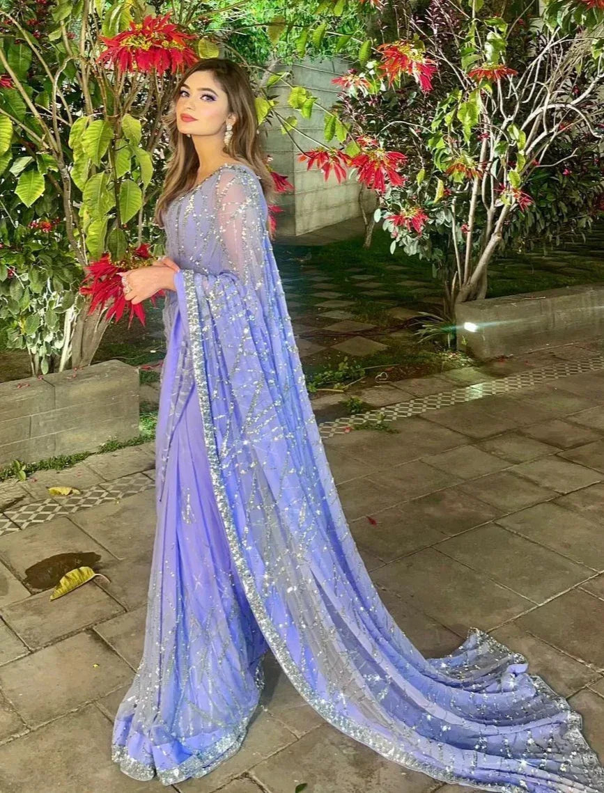 Beautiful Designer Aqua Heavy Georgette Sequanc Saree
