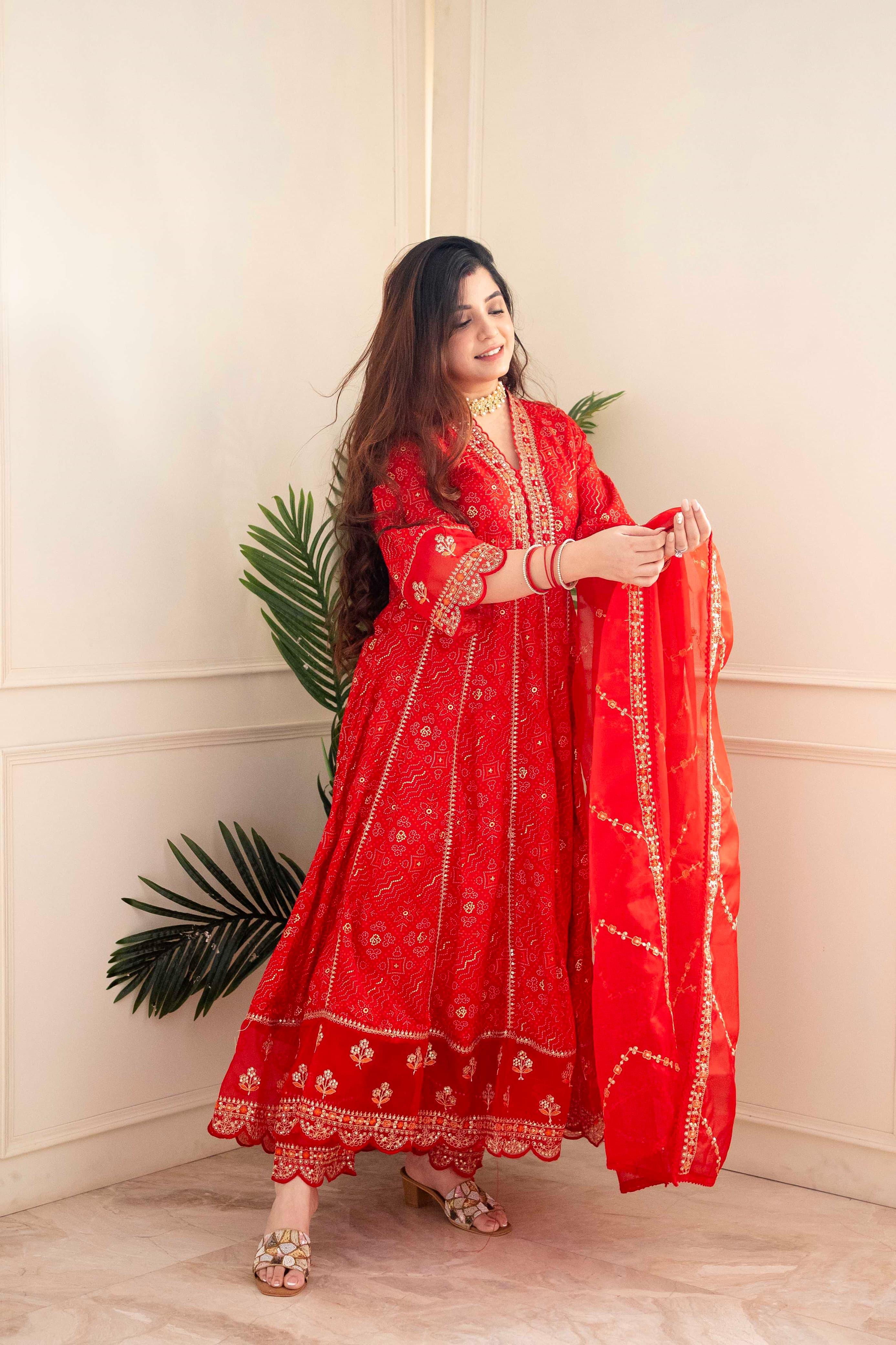Meera Designer Red Voluminous Anarkali Readymade Suit