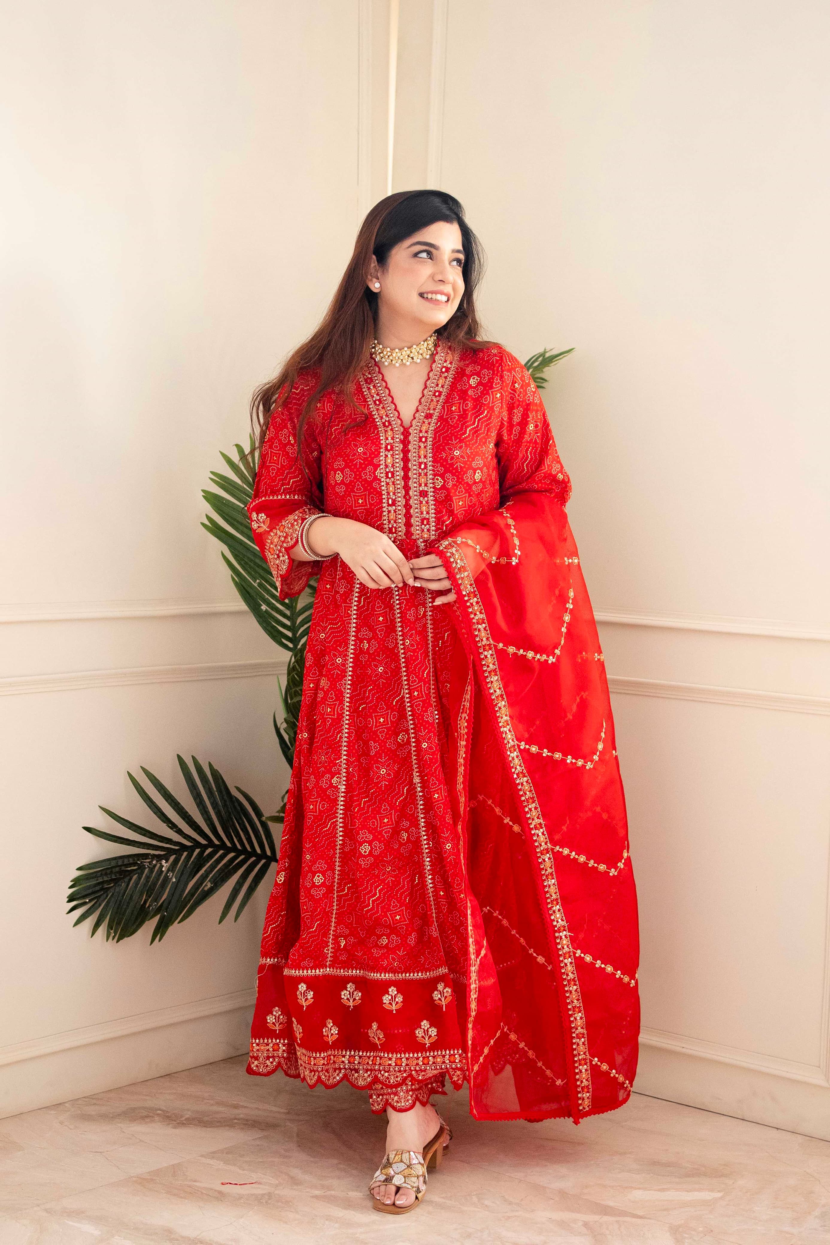 Meera Designer Red Voluminous Anarkali Readymade Suit