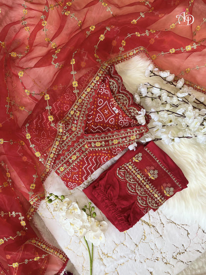 Meera Designer Red Voluminous Anarkali Readymade Suit