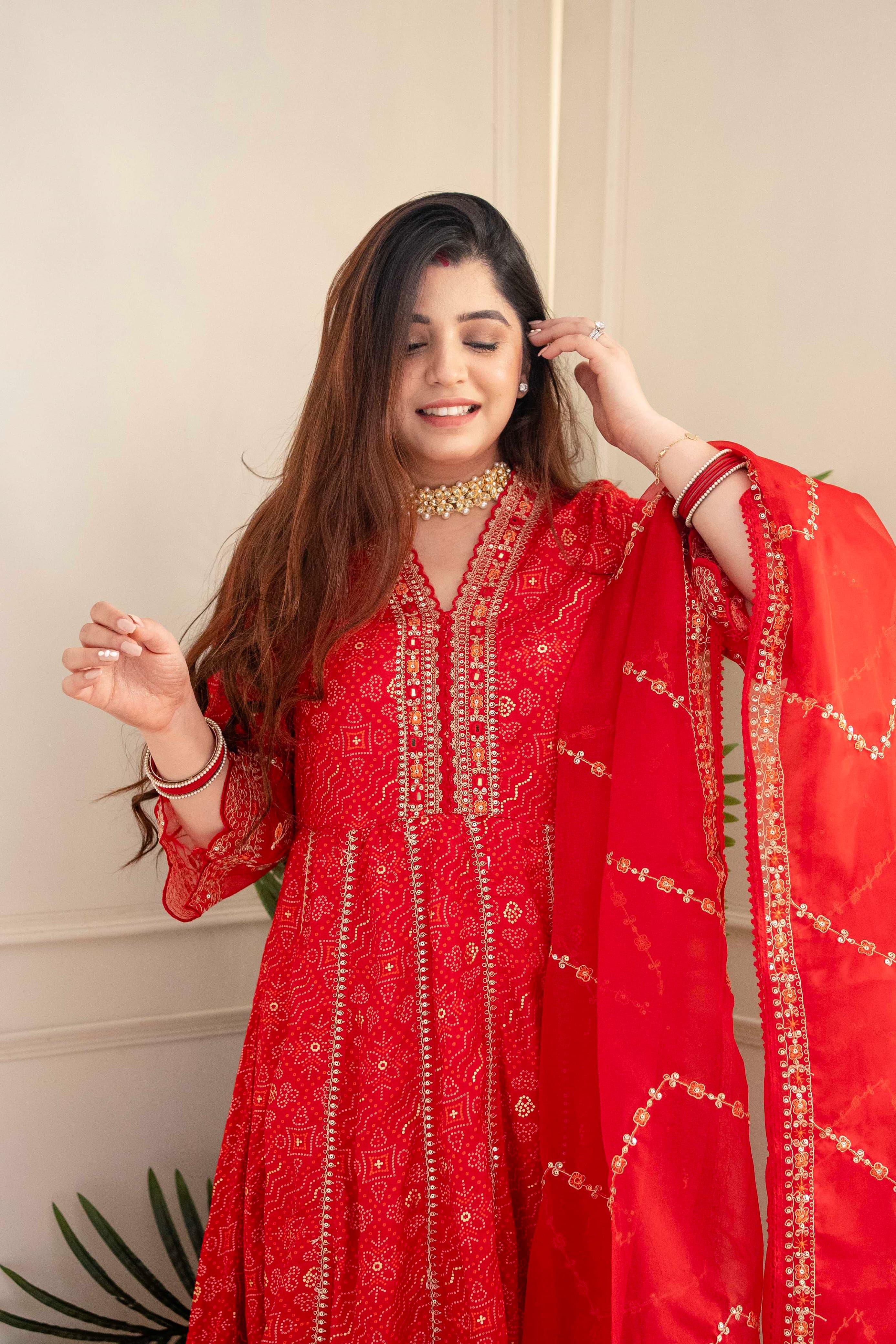 Meera Designer Red Voluminous Anarkali Readymade Suit