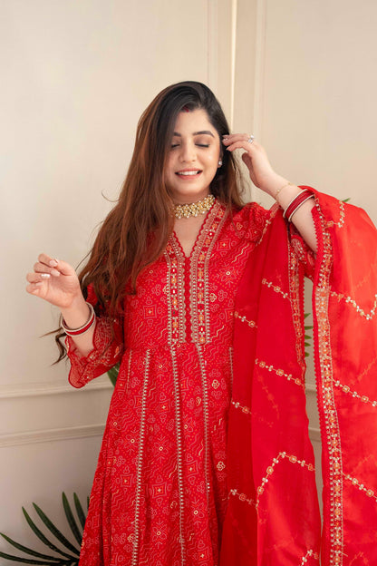 Meera Designer Red Voluminous Anarkali Readymade Suit