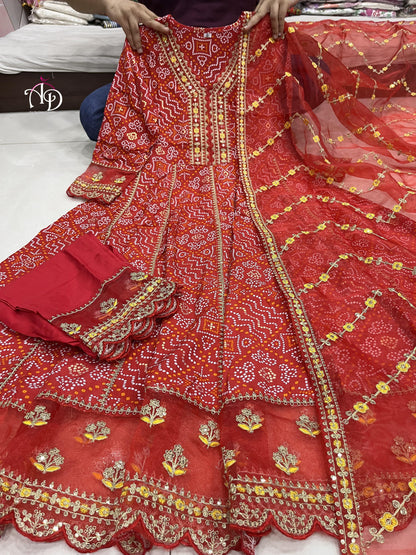 Meera Designer Red Voluminous Anarkali Readymade Suit