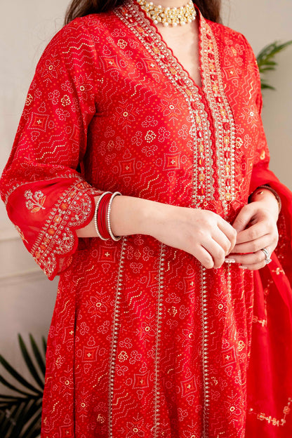 Meera Designer Red Voluminous Anarkali Readymade Suit