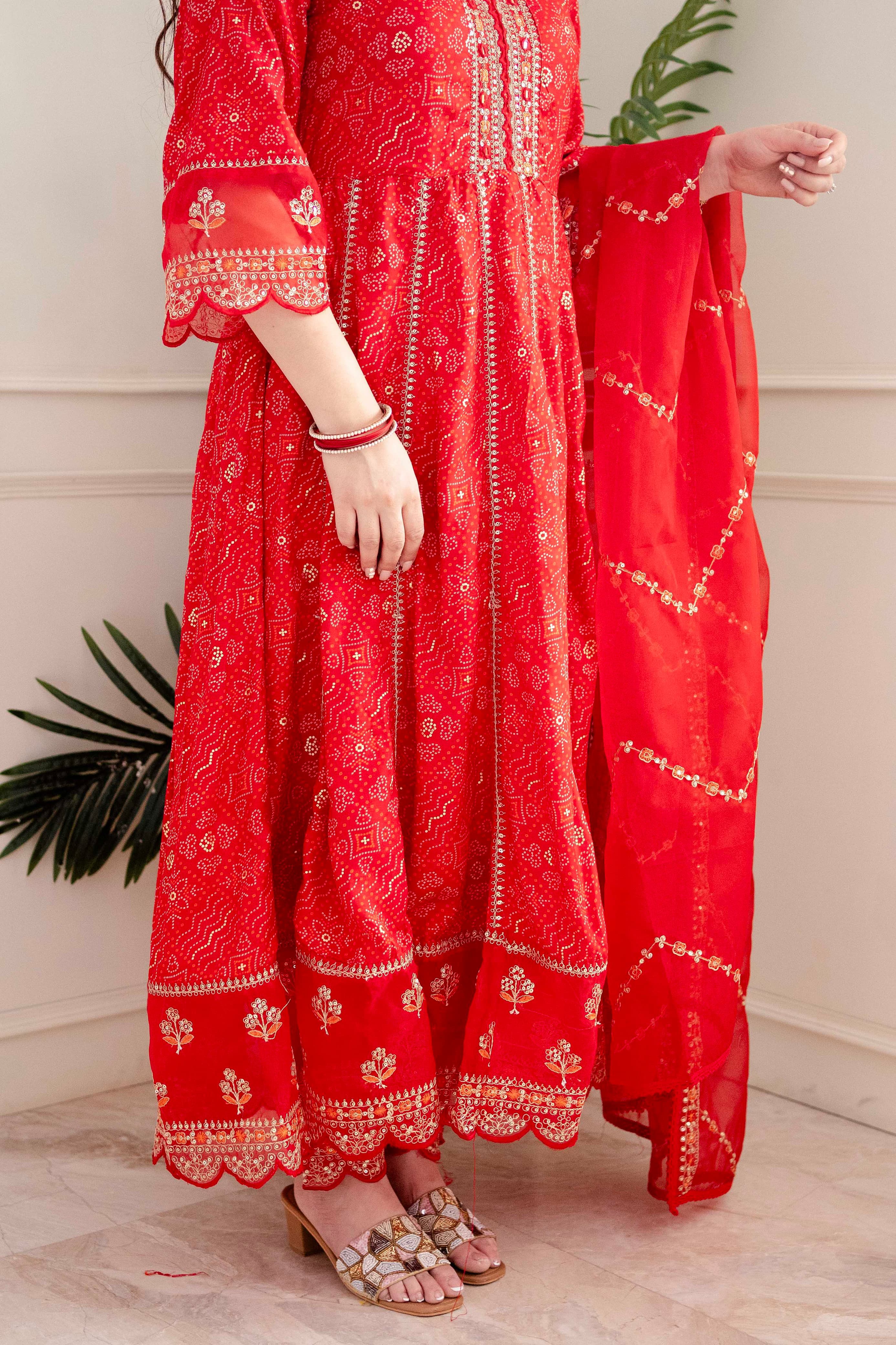 Meera Designer Red Voluminous Anarkali Readymade Suit