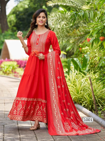 Ramuloo Ramulaa Heavy Rayon With Foil Print Kurti With Dupatta (650x07)