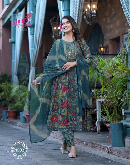 Radhika lifestyle Resham Vol 1 Top Pant Dupptta Nayra Cut 3 Pcs (685x08)