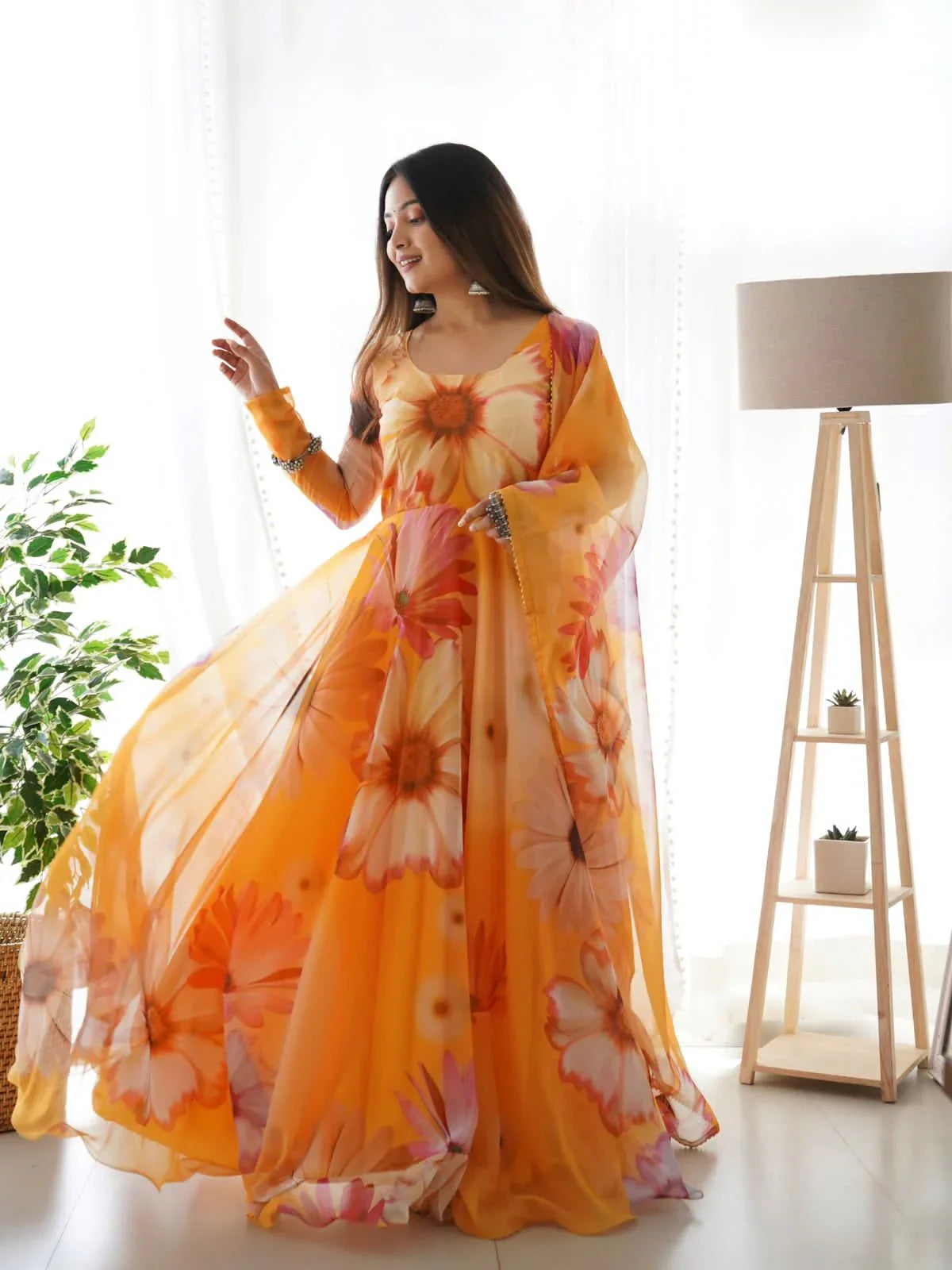 organza dress MissJophiel Off the Shoulder Puffy Sleeves Floral Organza Long Dress with Slit Other / Tea Length / US2