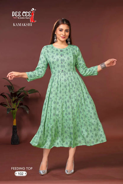 Deecee Kamakshi Heavy Riyon Print kurti series 101 to 106 (345x06)