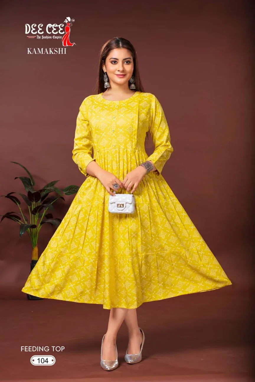 Deecee Kamakshi Heavy Riyon Print kurti series 101 to 106 (345x06)