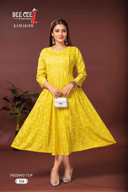 Deecee Kamakshi Heavy Riyon Print kurti series 101 to 106 (345x06)