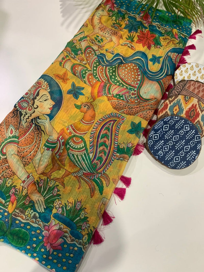 Hanika Kalamkari Pecock Desine Border Lenin Blend Saree