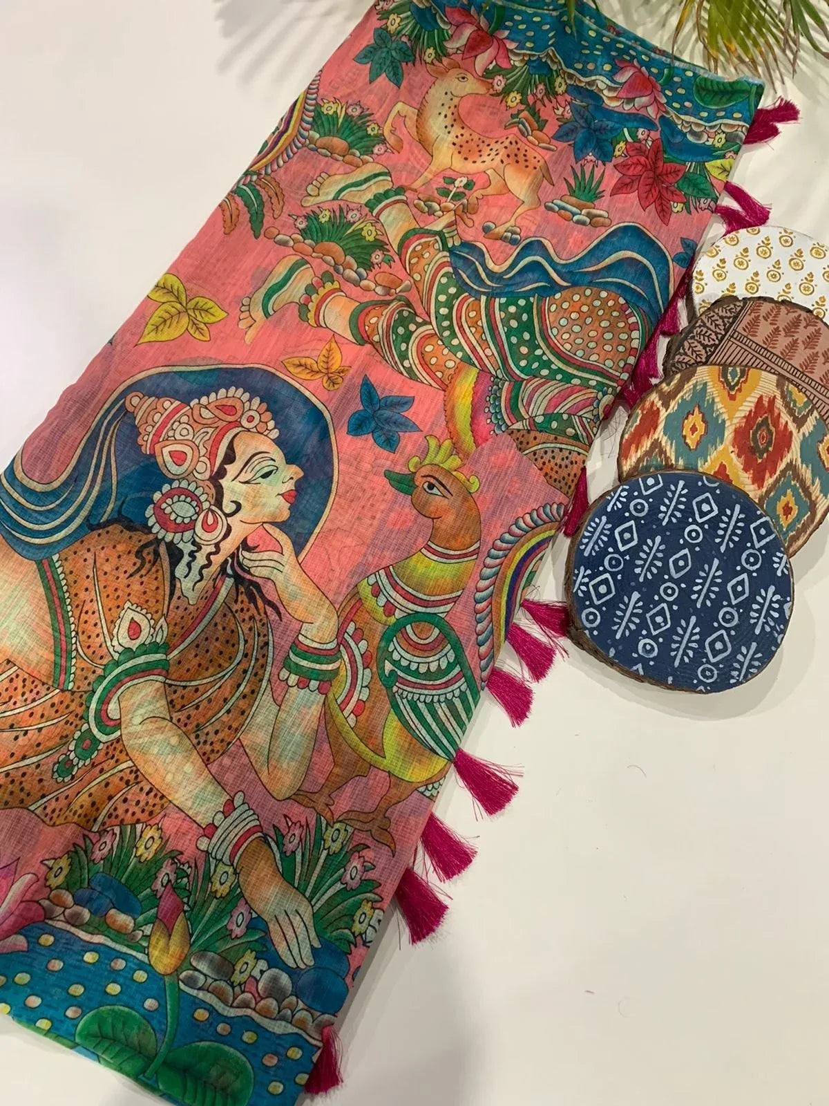 Hanika Kalamkari Pecock Desine Border Lenin Blend Saree