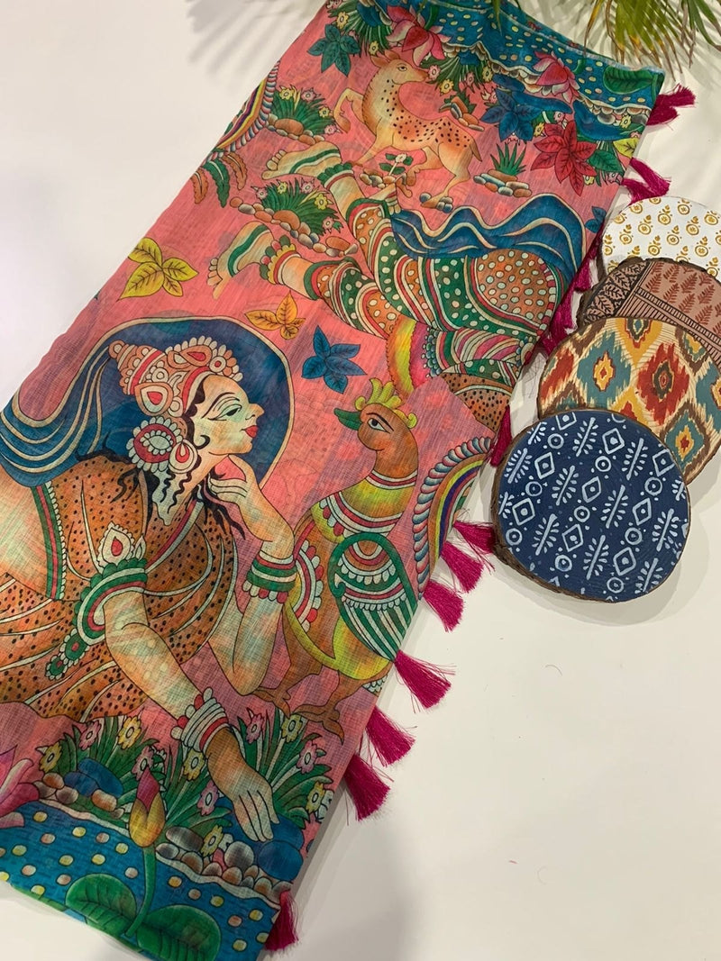 Hanika Kalamkari Pecock Desine Border Lenin Blend Saree